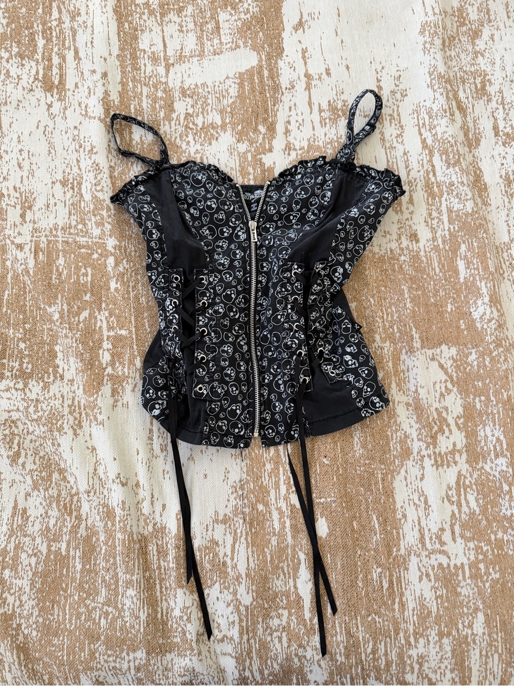 Royal Bones Black Bustier Camisole with Silver Zip & Lace-Up Sides
